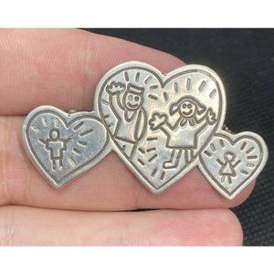 Vintage EFS Mexico Sterling Silver Save The Children Three Heart Brooch Pin
